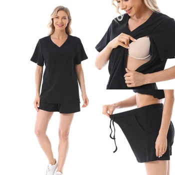 Summer Maternity Clothes Breastfeeding Tshirt Loungewear Set Luxury Soft Waffle Lactation Clothes Plus Size Sport Suit S TO 4XL