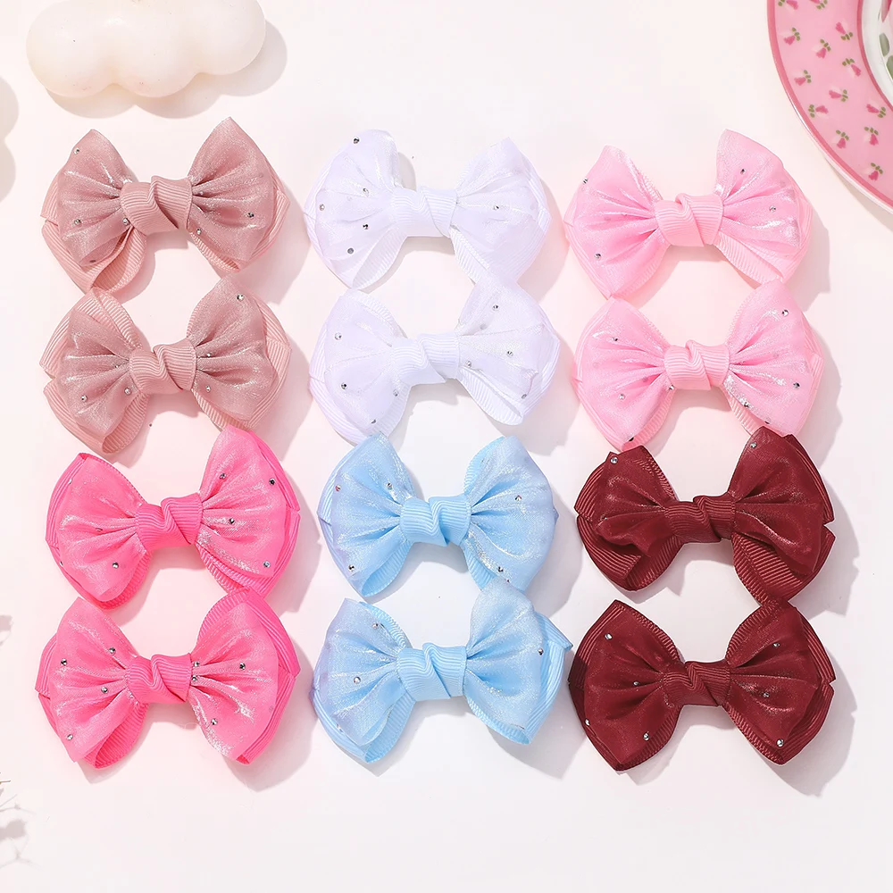 10 Stück/Set Zufällige Farben Hübsche Garn-Schleifen Haarspangen für Mädchen Niedliche Pony-Haarklammern Band-Diamant-Haarspange – Detail 4