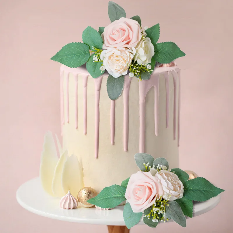 Yannew Burnt Orange Herbst-Hochzeitstorte, Blumen, Dekoration, künstlicher Rosen-Kuchenaufsatz für Geburtstag, Babyparty, rustikale Mi-Dekore – Detail 16