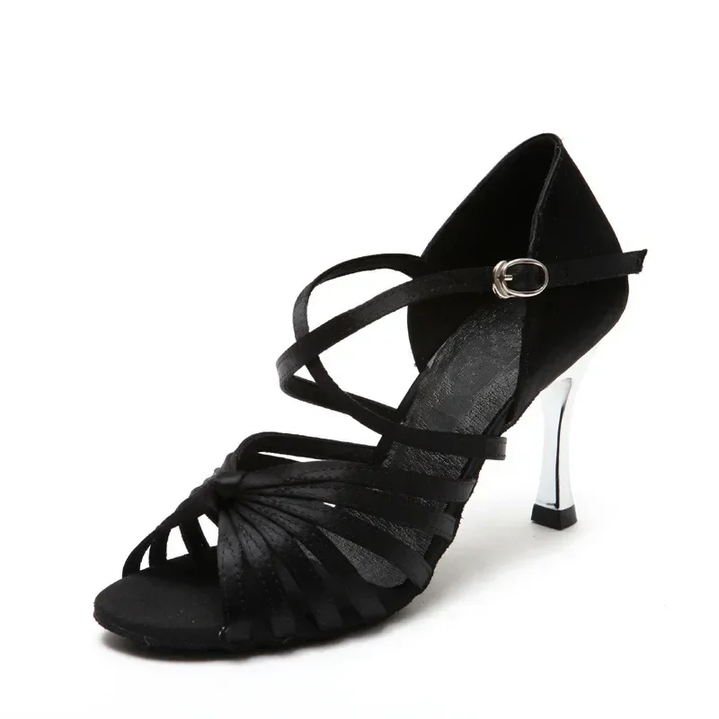 Ballroom Tango Latin Dance Shoes 8.5cm Square Gold Heels Sandals Dancing for Women Ladies Satin Upper Rhinestones 4