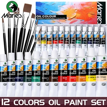 19 pcs Marie's Oil Paint Kit,12 Colors Oil-Based Pigment & 7pcs Brushes,12ml/0.42oz Tubes,Vibrant Oil Painting Set for Crafters 1