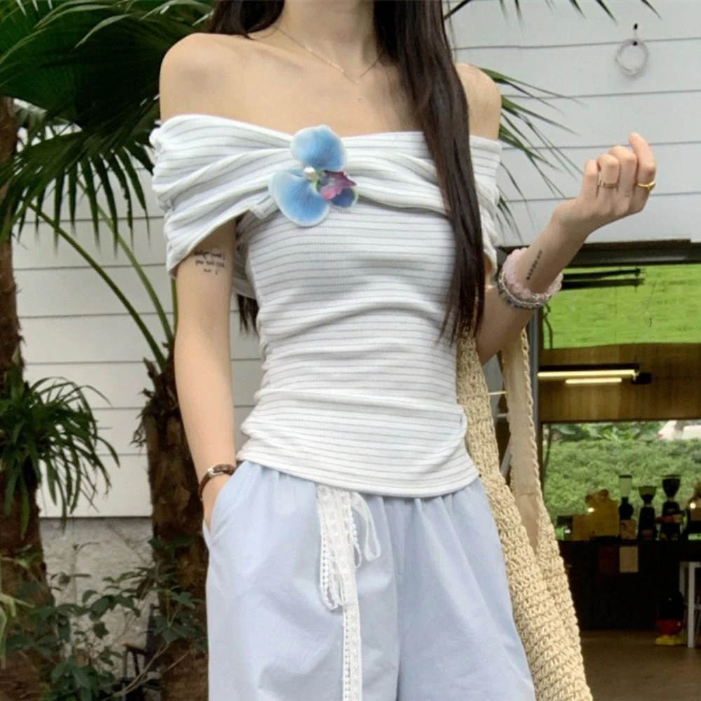 Stylish Stripe Off Shoulder Crop Top Slim Fit Ins Bohemia T Shirts Sweet Female Clothing Stripe Flower T-shirt Beachwear