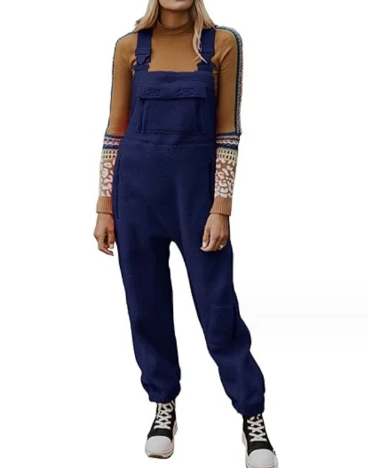 Overall for Women 2024 Spring Latest Commuting Lamb Fleece Sleeveness Pockets Thick Jumpsuit Loose Waistband Pants