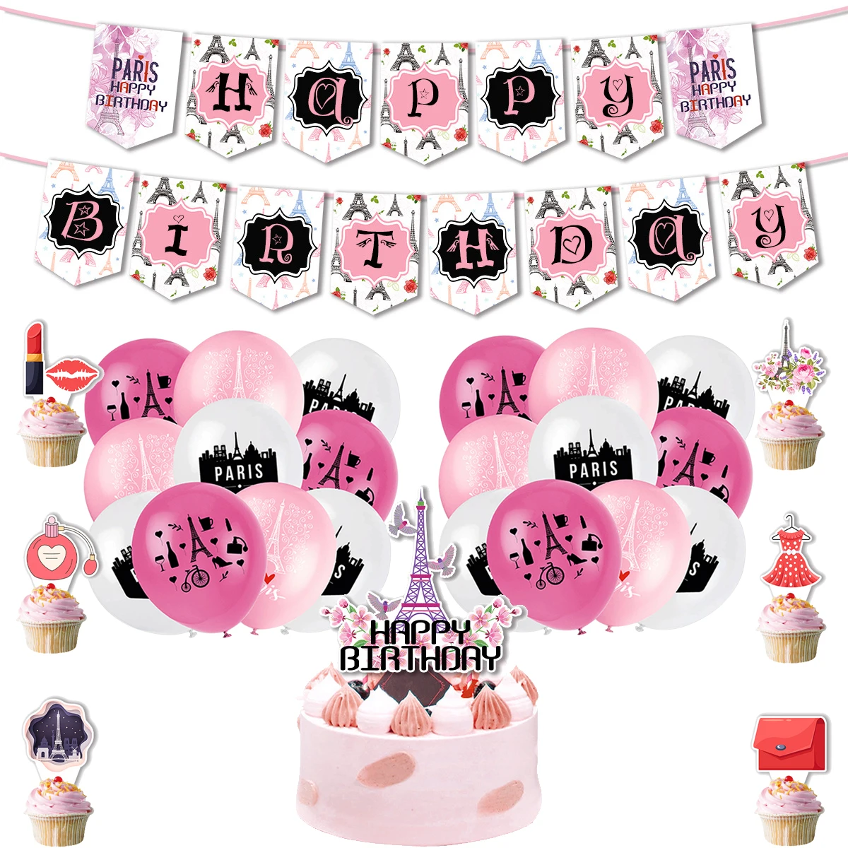 

Fashion Pink Paris Romantic Fantasy Themed Birthday Party Supplies Cake Decoration Latex Balloon Banner Baby Shower Girl Gift