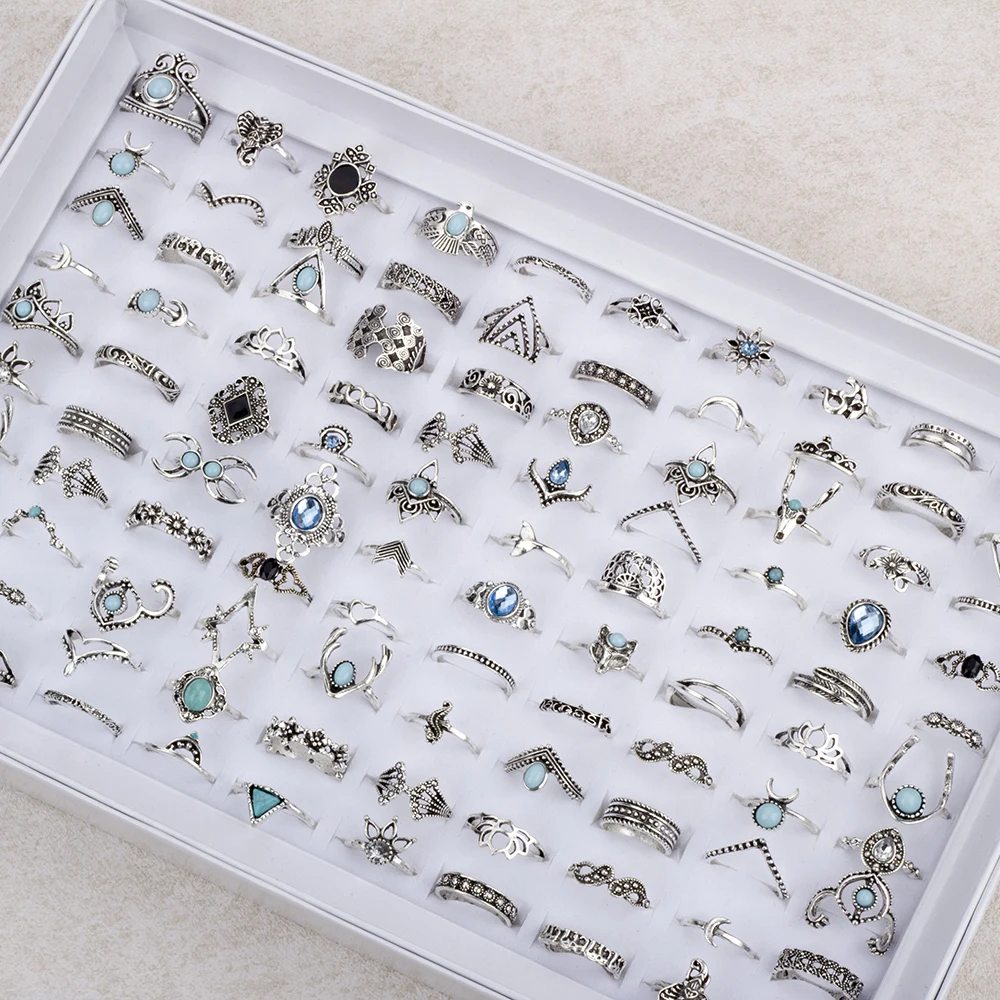 100 Pcs/Lot Bohemia Vintage Mix Style Finger Rings For Women Wholesale Gifts 2023 Fashion Jewelry 4