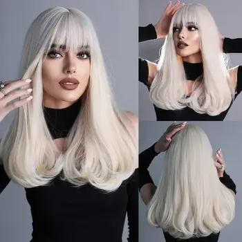 NAMM Women Curly Wigs Synthetic Wig with Bangs Cosplay Daily Party Wig for Women Heat Resistant Hair Platinum Blonde Wigs Girl 1