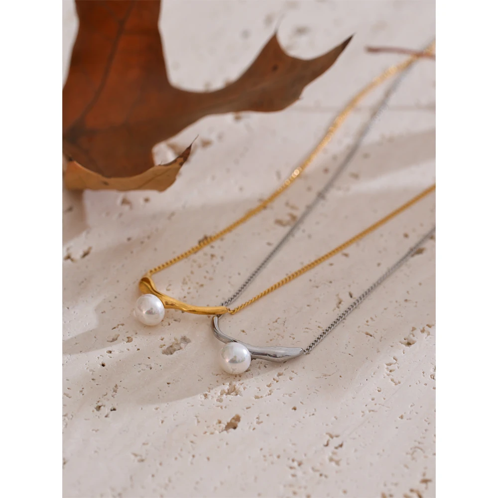 Yhpup Korean Style Elegant Natural Pearl Chic Necklace Pendant Stainless Steel