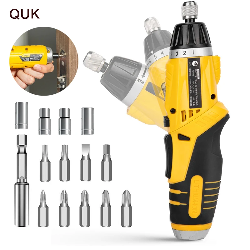 QUK 3.6V Cordless Screwdriver Set 4Gears Torque LED Work Rechargeable