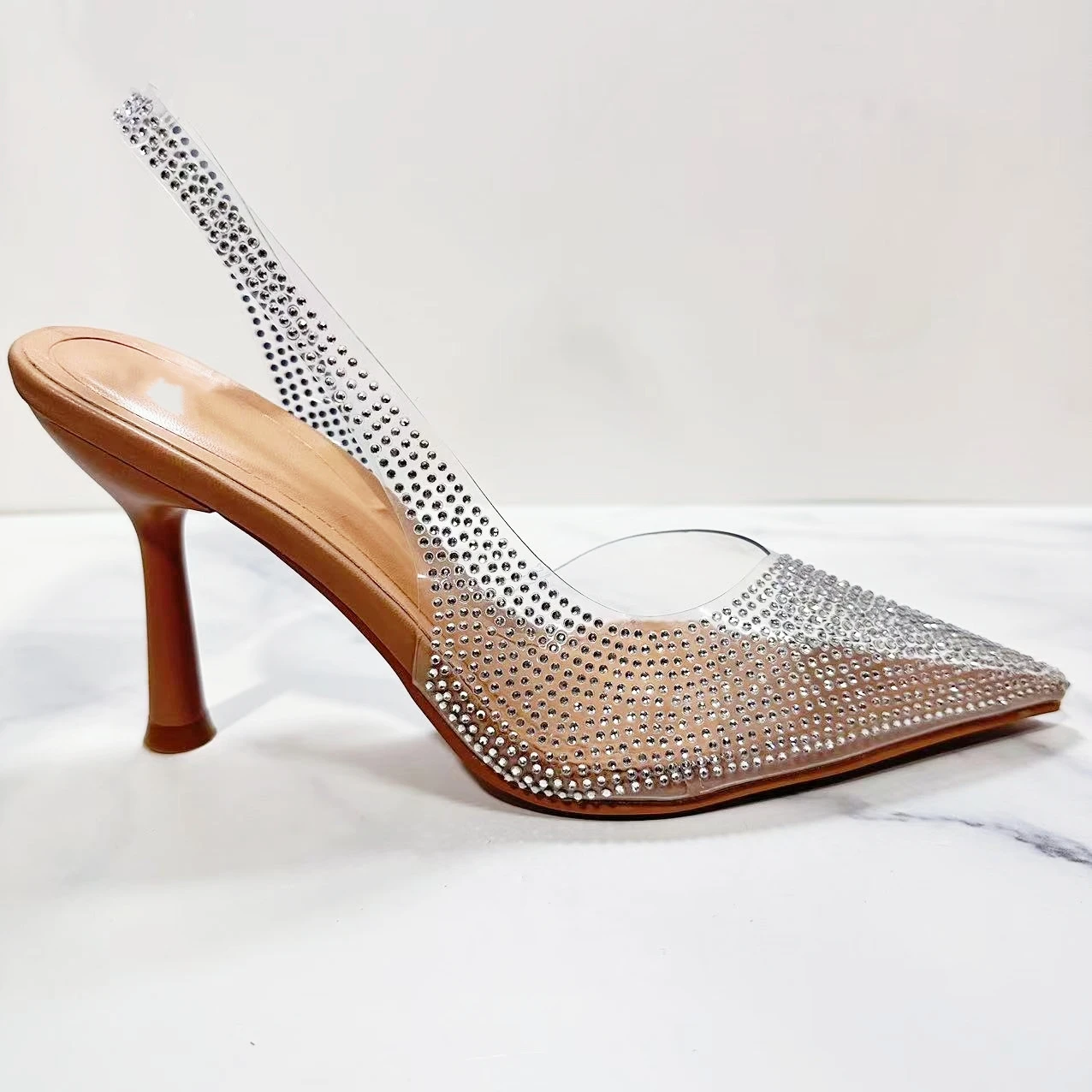 

New 2024 Women's Shoes Fashion Temperament High-heeled Shoes Bright Rhinestone Dew With Pointed Stilettos Joker Sandals.