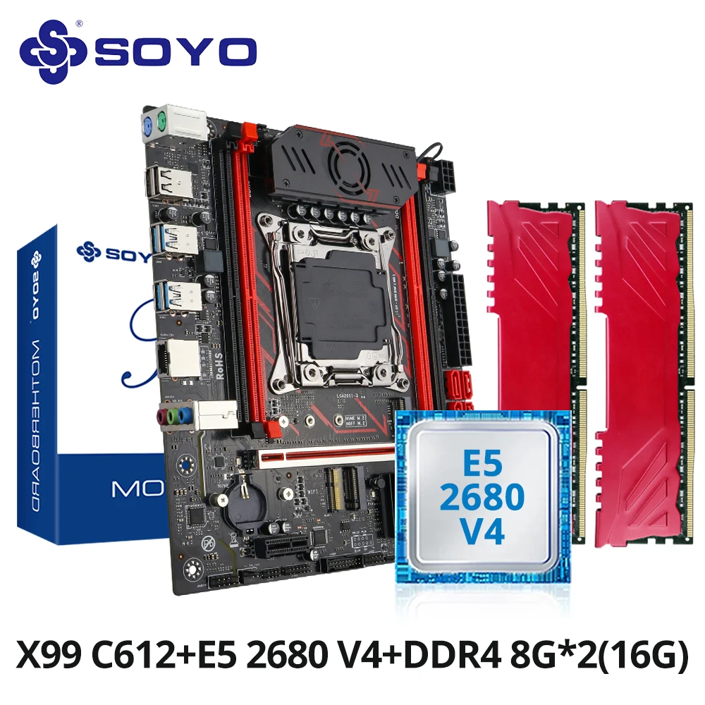 SOYO Gaming Motherboard Set X99, C612 Chipset TPM2.0 Pin with E5 2680 V4 CPU DDR4 16G 2x8G 2133MHz RAM PCIE3.0 for Desktop PC