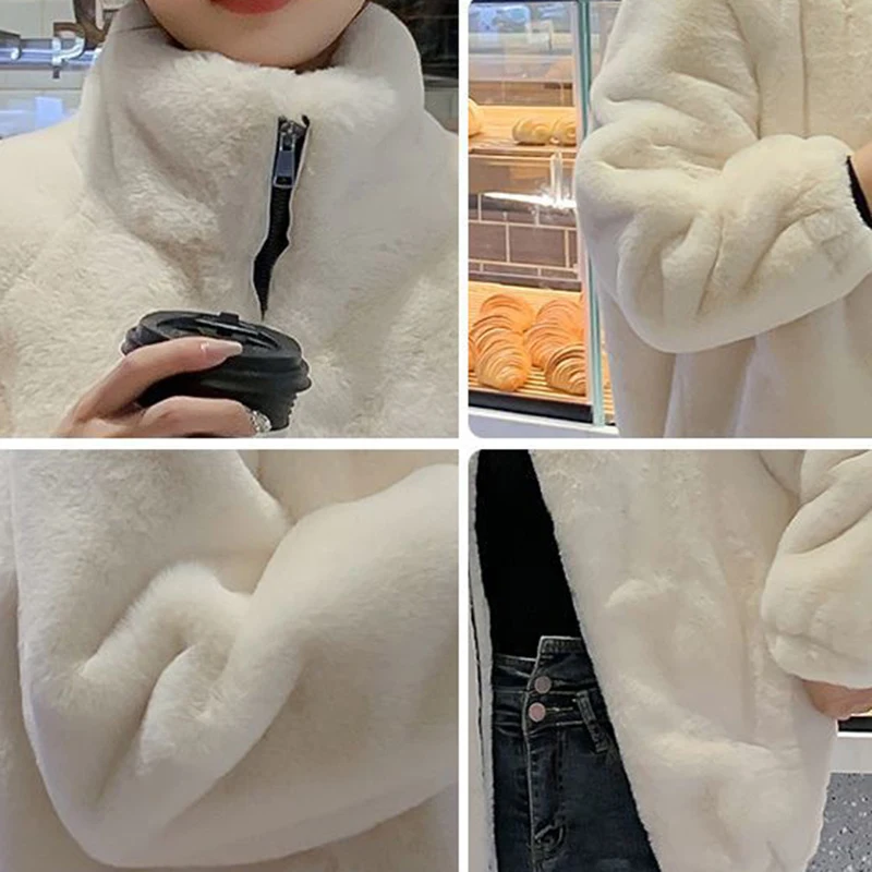 Casual Stand Collar Winter Jacket Women Solid Faux Fur Coat Oversized Vintage Zipper Plush Thick Cardigans Outwear Plus Size