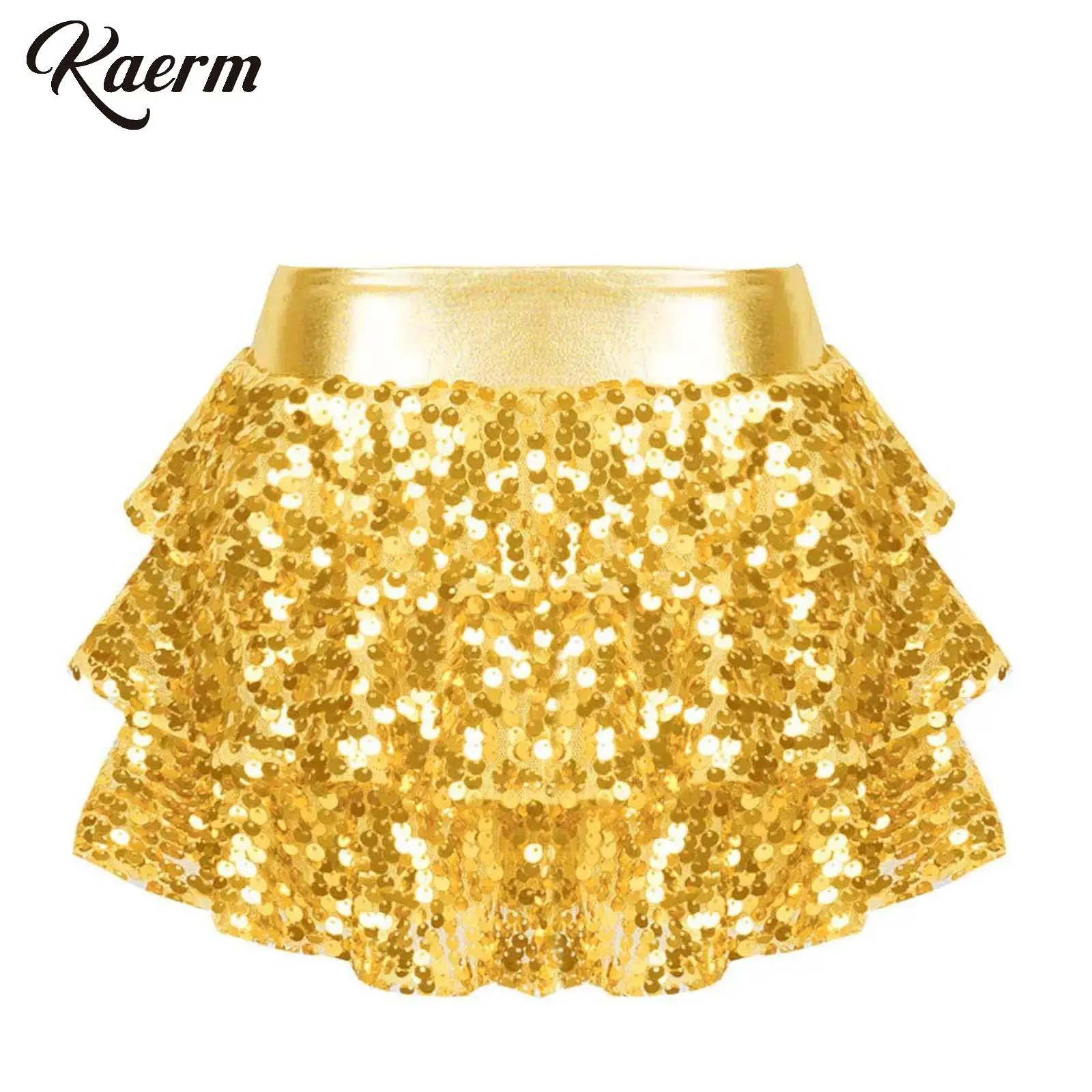 

Kids Girls Shiny Sequins Jazz Dance Skirt Tiered Ruffle Skirted Shorts Metallic Culottes Dance Performance Costume