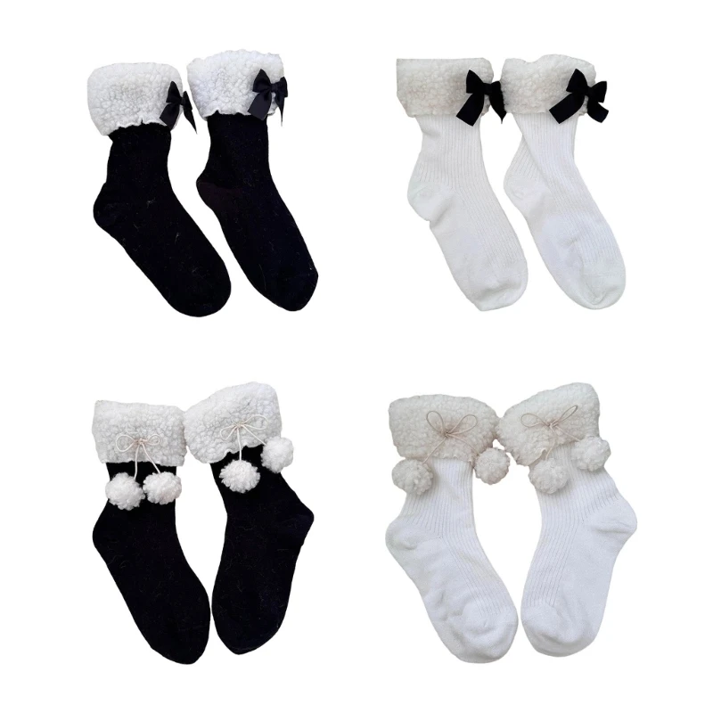

Plush Bow Faux Lamb Wool Winter Socks JK Girl Ribbed Knit Colorblock Calf Socks