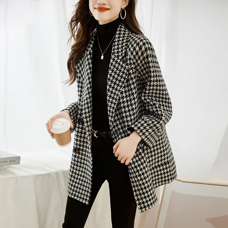 

Houndstooth Wool Jacket Women Overcoat 2023 New Autumn Winter Woolen Jackets Female Outwear Fashion Loose Long Plaid Coat