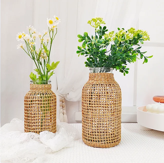 

Straw Woven Glass Dry Vase Japanese Creative Vase Aquatable Plants Living Room, Bedroom, Office, Home Decoration Ornaments