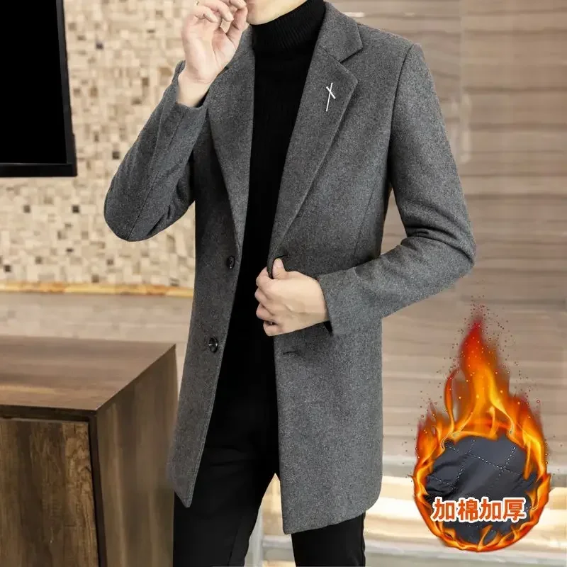 Winter Thickened Warm Long Woolen Jackets Men's Solid Color Slim Casual Business Trench Coat Windbreaker Overcoat Men Clothing