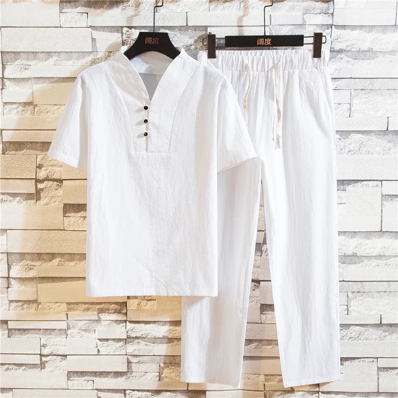 

Men casual suit Medieval Vintage Short Sleeve T-shirt Solid Shirt Male Stand Collar Men's Pullover Shirts Summer Top pants suit