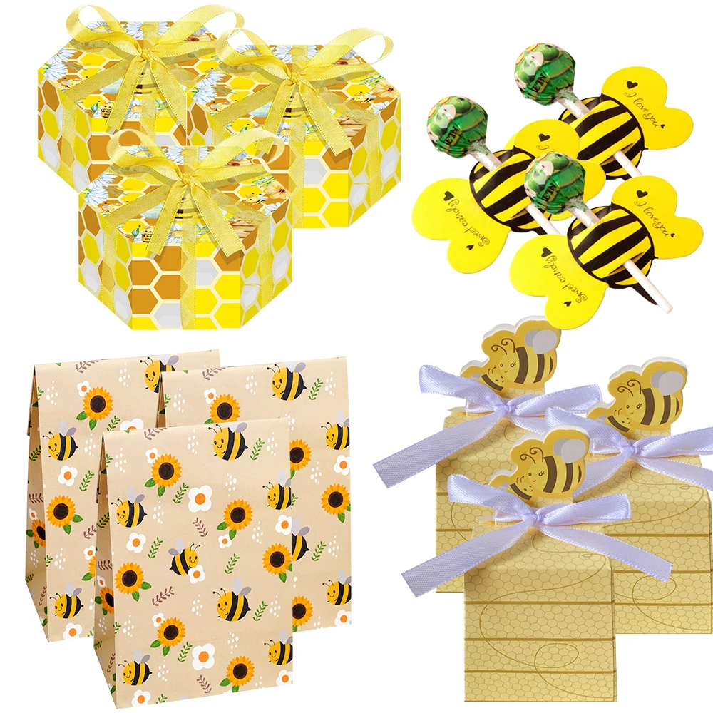 1set Bee Candy Boxes Carton Lollipop Cards for Baby Shower Kids Birthday  Party DIY Cookies Package Bags Decoration Supplies