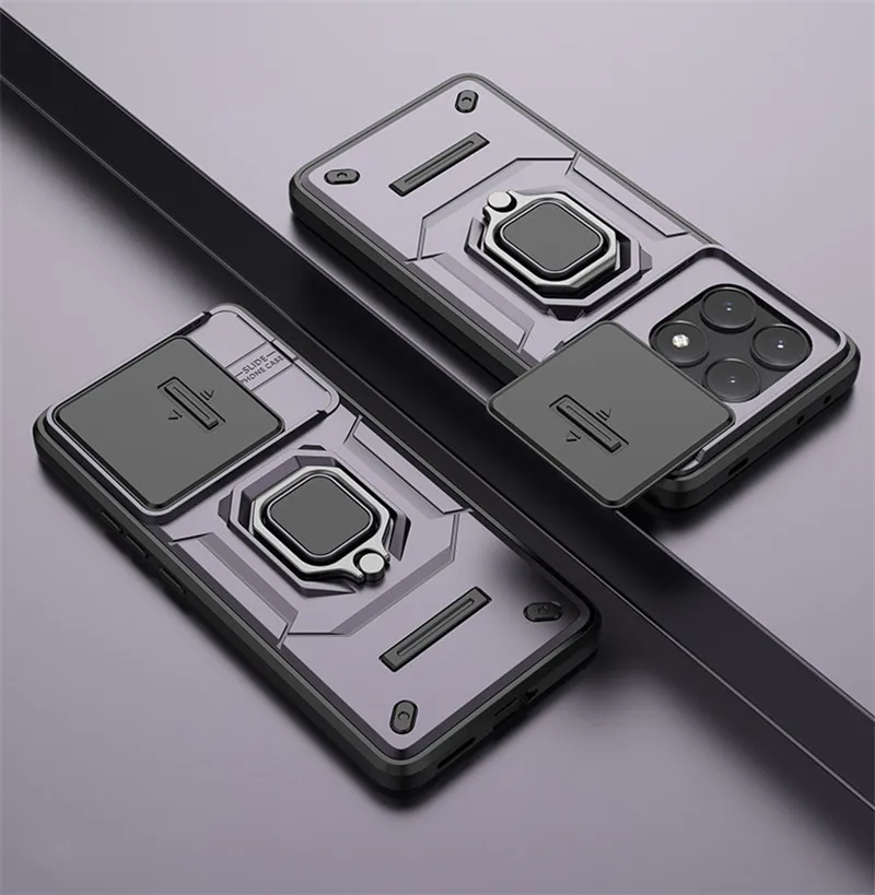Premium Armor Shockproof Magnetic Bumper with Sliding Lens Protector and Holder for 6.67 inch Smartphones