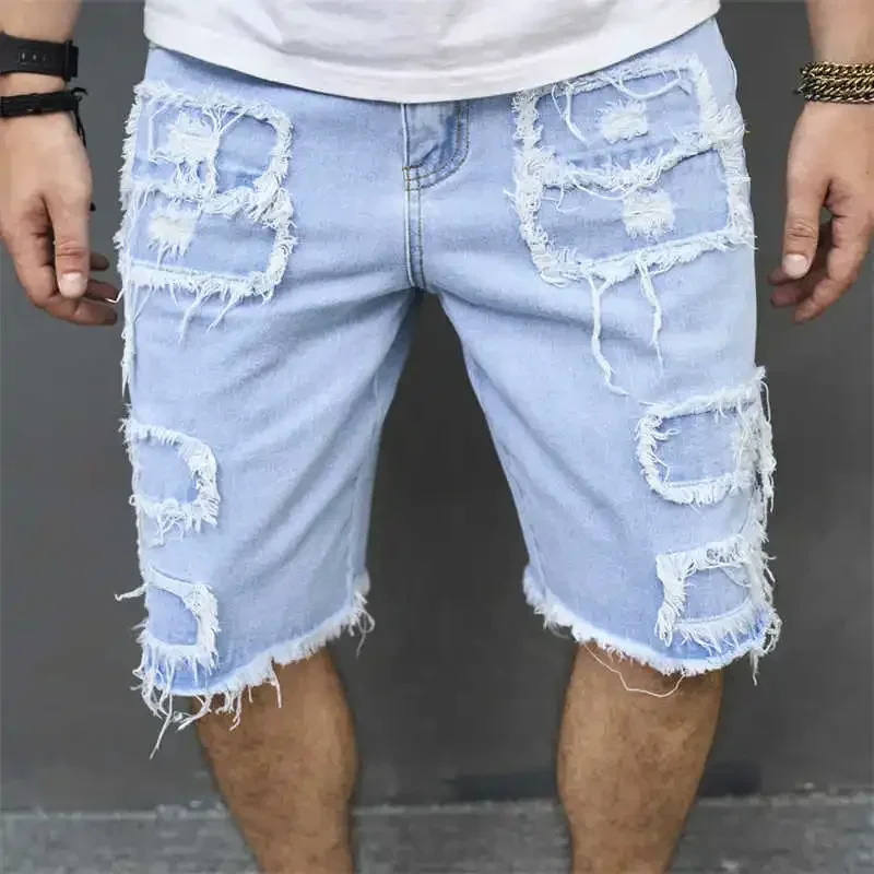 Denim Hole Knee Length Men Washed Jean Mid Waist Spliced Ripped Pockets Loose Fit Distressed Straight Pants Casual Shorts