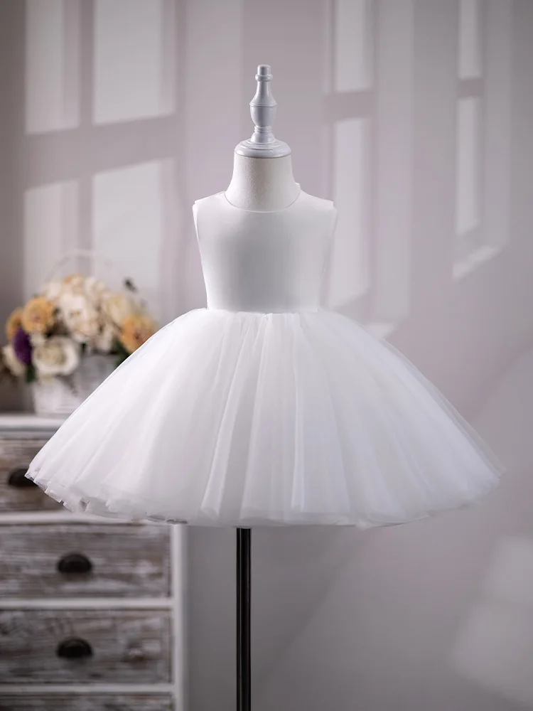 

Kids Princess White Dress Sleeveless Floral Bow Vestidos Tutu Dress Host Clothing Wedding Flower Girls for Evening Birthday Gown