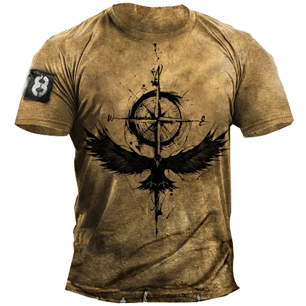 Vintage Men's T-shirt Summer American Shirt Tops Compass Printed Short-sleeve Tees Loose Daily Men Clothing Casual Streetwear 5