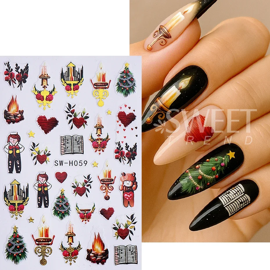 2pcs Cartoon Christmas Nail Stickers Self-Adhesive Winter Xmas Tree Santa Claus Love Nail Decals Manicure Decoration Sliders