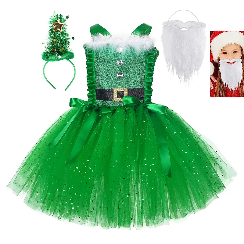 

Christmas Sparkly Elf Costume For Baby Girl TUTU Dress Xmas Santa Kid Bow Sling Tunic+Headband+Beard 3PC Set Child Frock