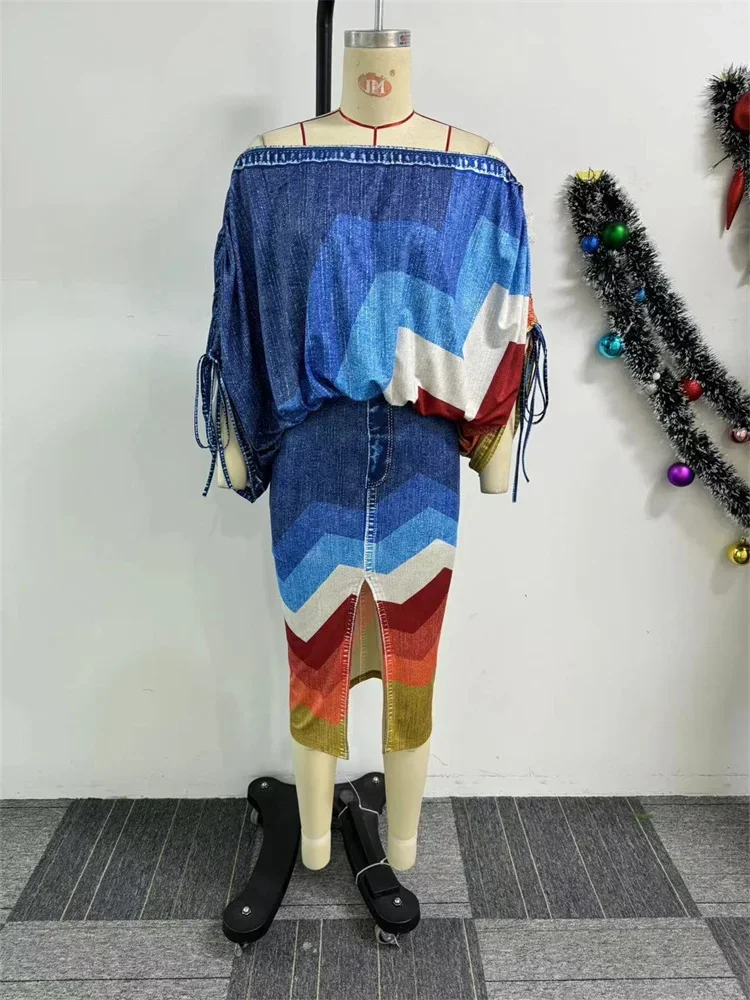 Wmstar Women's One shoulder Long Casual Sleeve Printed Blue Bat Sleeve Top Slit Short Skirt Two piece Set Wholesale Dropshipping