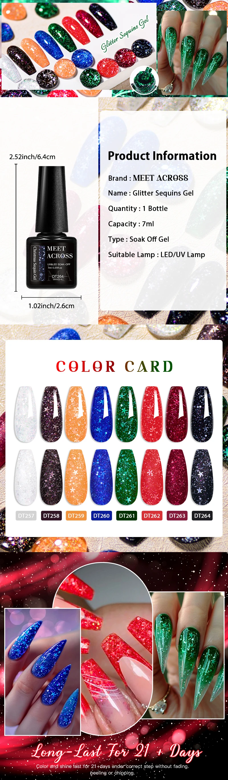 MEET ACROSS 7ml Blue Green Snowflake Sparkly Gel Nail Polish Glitter Sequins Nail Art Painting UV Gel For Manicure Vernis Design