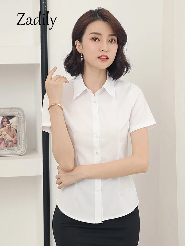 Summer Office Lady Button Up Women Basic White Shirt Minimalist Slim Tunic Button Up Top Short Sleeve Woman Work Shirts Clothing - Image 2
