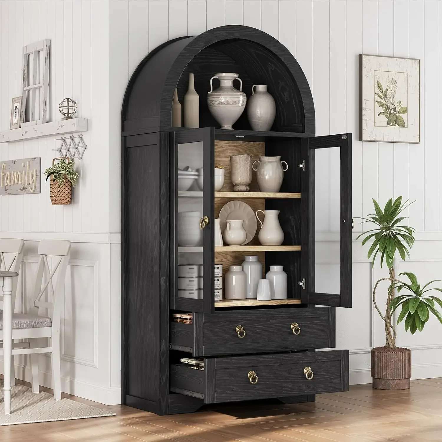 NEW-Kitchen Pantry Cabinet, Arched Bookshelf Bookcase China Pantry Storage Cabinet with Drawers Doors and Shelves,71“