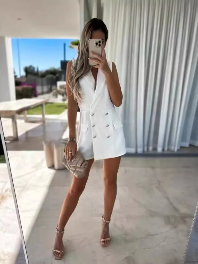 Women's double breasted buttoned sleeveless small suit jumpsuit with stylish and versatile style for commuting loose fitting