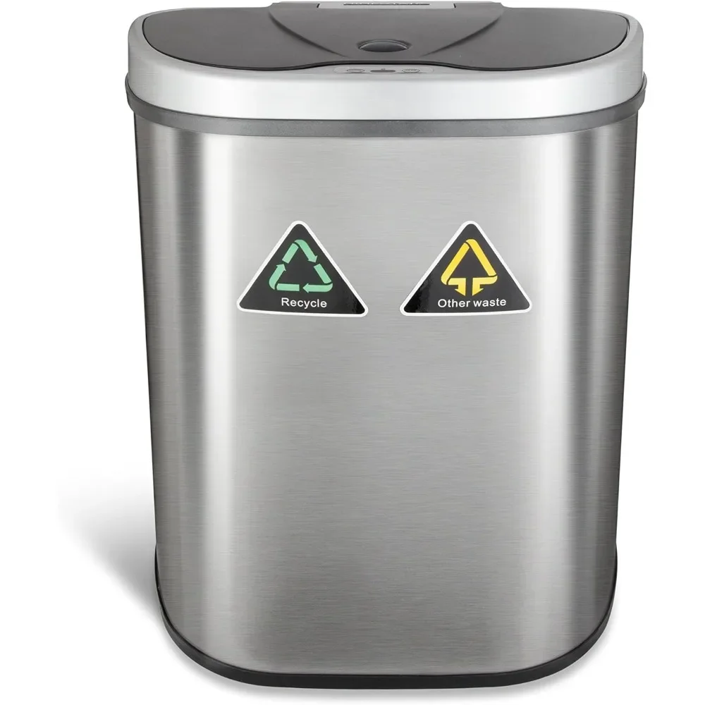 

18 Gal Bin Automatic Touchless Infrared Motion Sensor Trash Can/Recycler With D Shape Silver/Black Lid & Stainless Base Separate