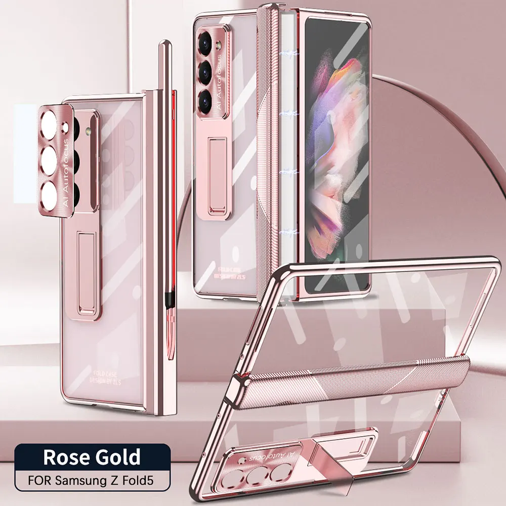 

With S Pen Magnetic Suction Hinge Transparent Case For Samsung Galaxy Z Fold 5 Electroplated Hidden Bracket Anti-drop Shell