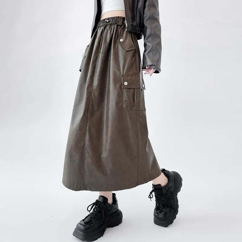 thumbnail image 1 of Falda de cintura alta en forma de A para mujer, estilo urbano, de longitud media, con abertura lateral, para otoño e invierno, cintura elástica, moda femenina A1487, 1 of 5