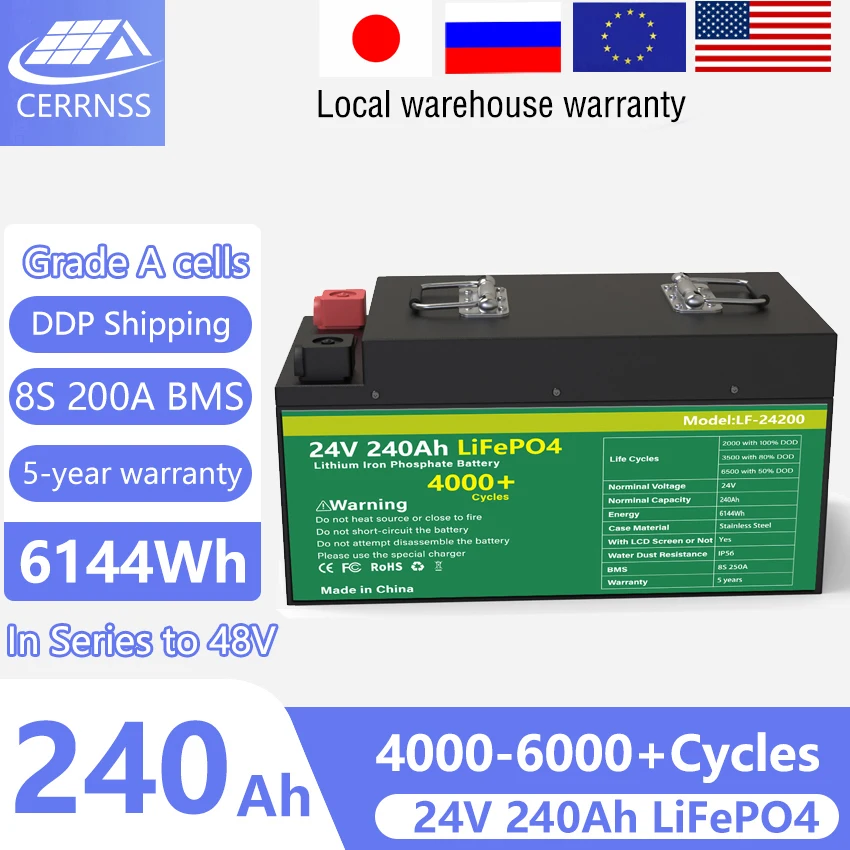 24V 240Ah LiFePO4 Battery Pack 6144Wh With Grade A Cell Iron Lithium ...