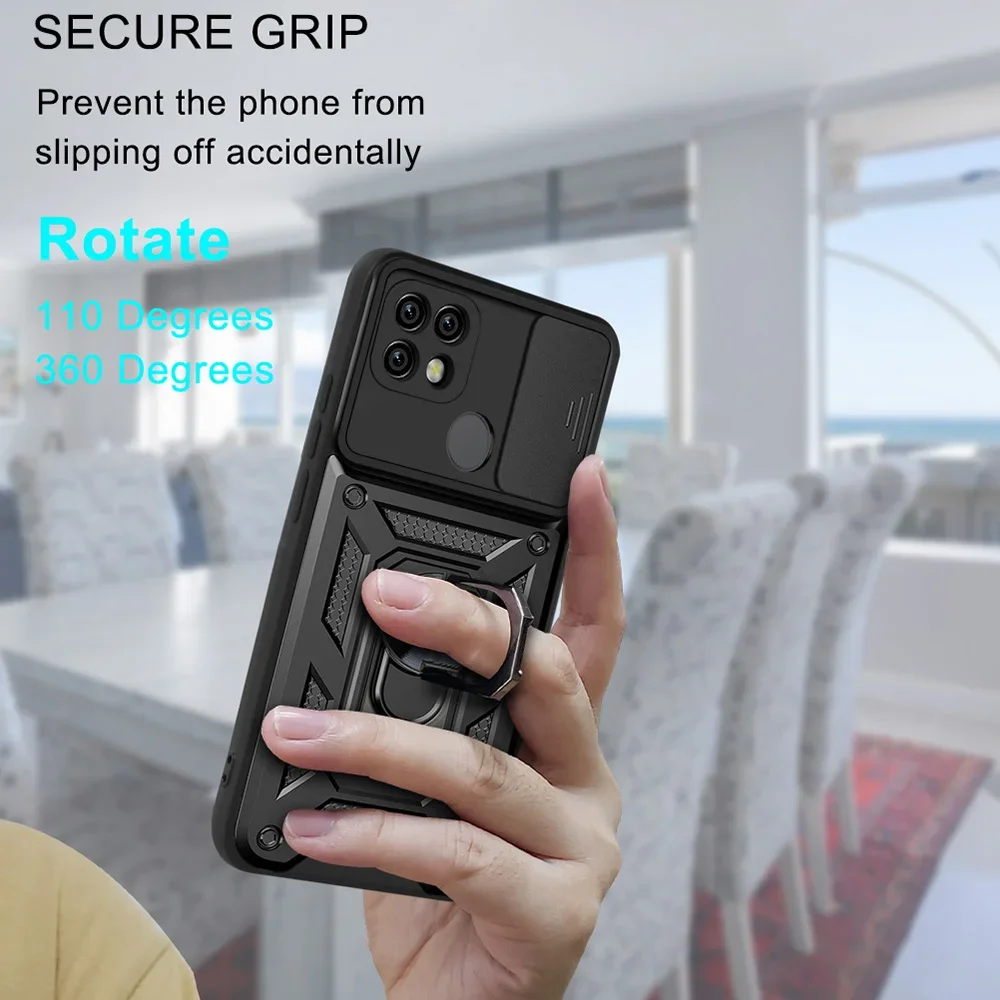 Shockproof Armor Case with Ring Holder and Slide Lens Cover Protection