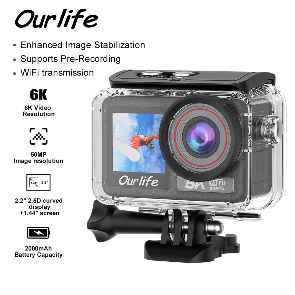 Ourlife M90TR 6K30FPS Action Camera 2.2'' Touch Screen 170° DVR 40M Waterproof Remote Control 8X Zoom Pre Record WiFi Sports Cam
