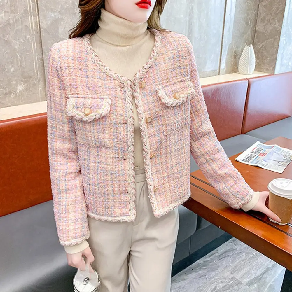 

Пальто женское твидовое клетчатое, теплая Стильная верхняя одежда с однобортным дизайном, удобное пальто с карманами, Осень-зима