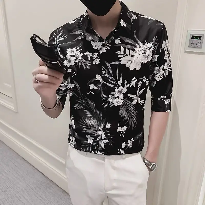 Summer New POLO Collar Fashion Half Sleeve Shirt Man High Street Casual Slim Button Cardigan England Printing All-match Y2K Tops