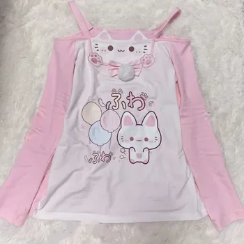 Sweet Japanese T-shirts Women's Clothing Pink Butterfly Patchwork Lace Slash Neck Tees Anime Print Off Shoulder Cute Y2k Tops 1