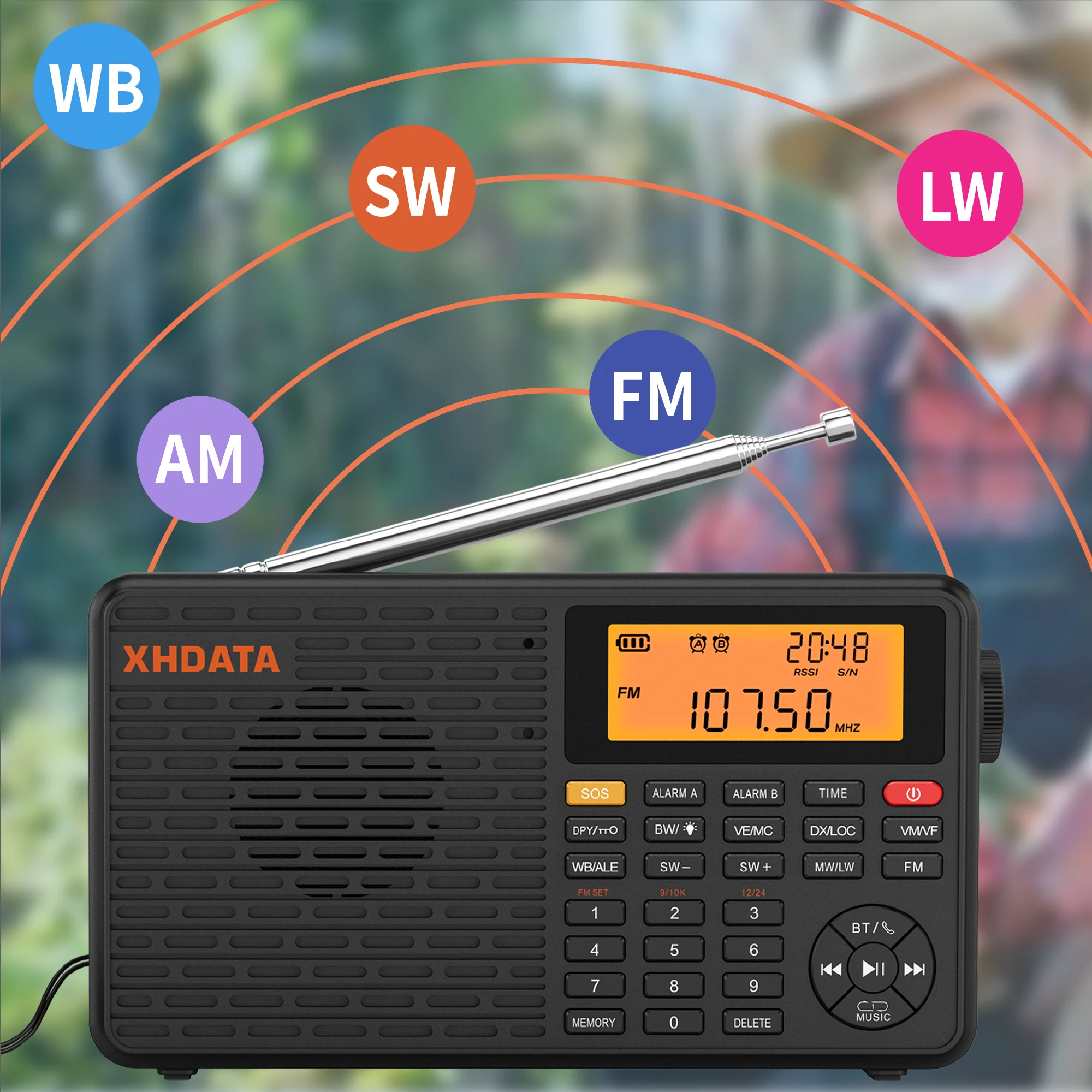 XHDATA D109WB FM SW MW LW Radio przenośne odbiornik pełnopasmowy głośnik radiowy wielofunkcyjny Mp3-ontvanger Bluetooth