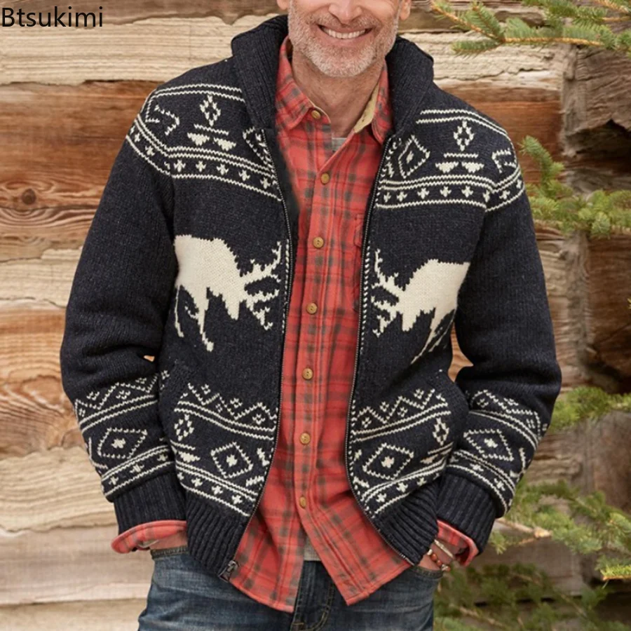 Autumn Winter Men's Warm Sweater Cardigans Deer Pattern Knitted High Street Oversize Cardigan Vintage Casual Christmas Knitwear
