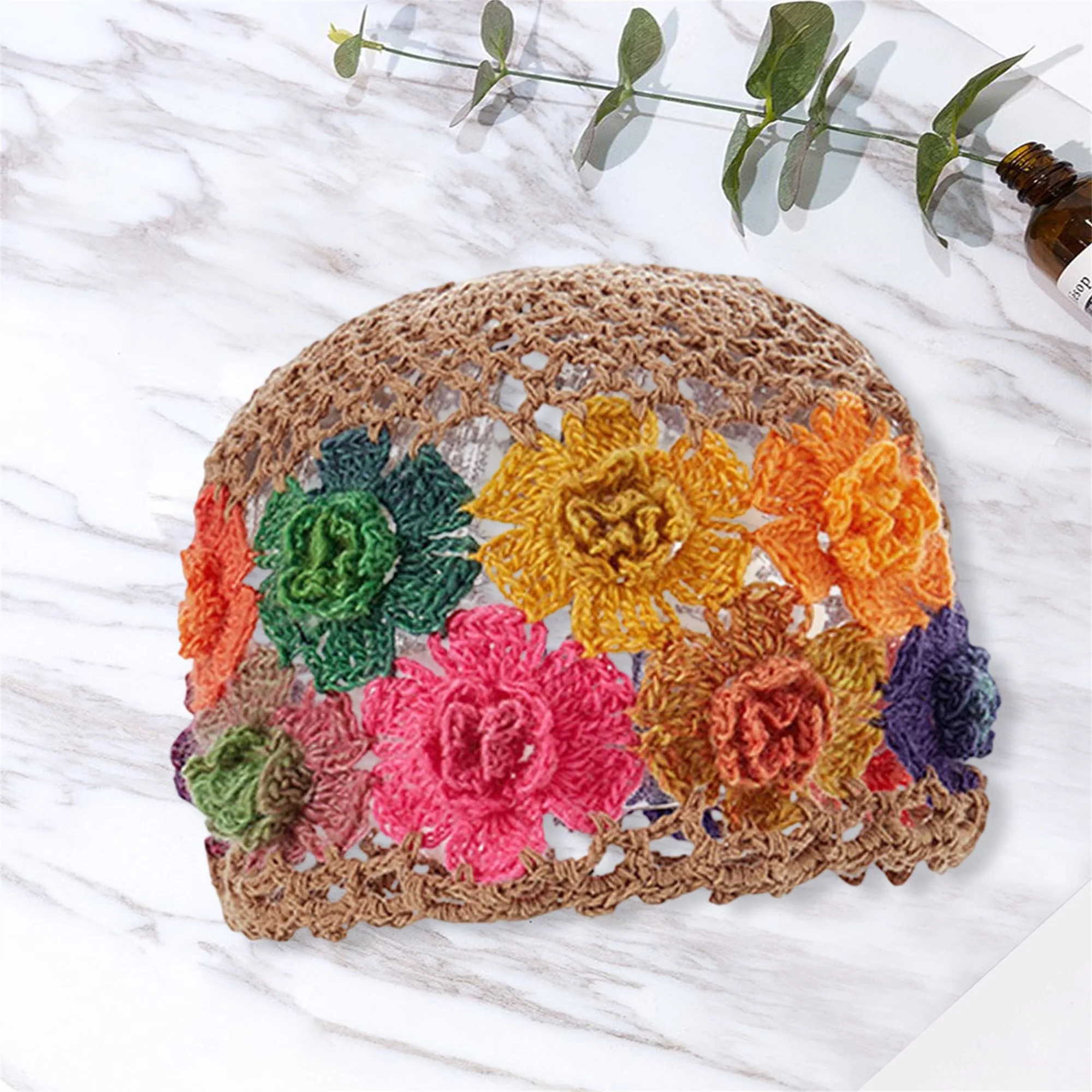 Elegant Women s Sun Hat with Floral Crochet Design Lightweight and Stylish Hollow Out Knitted Beanie for Summer Foldable and