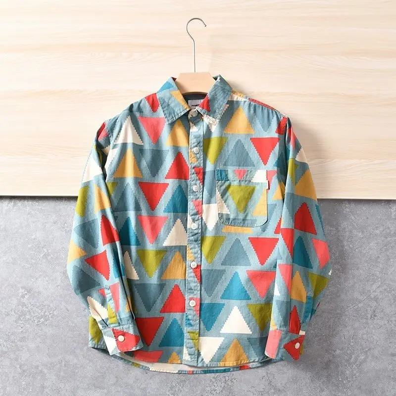 2023 New Spring and Autumn Fashion High Quality Geometric Printing Trendy Brand Trendy Men's Contrast Long Sleeve Oversize Shirt