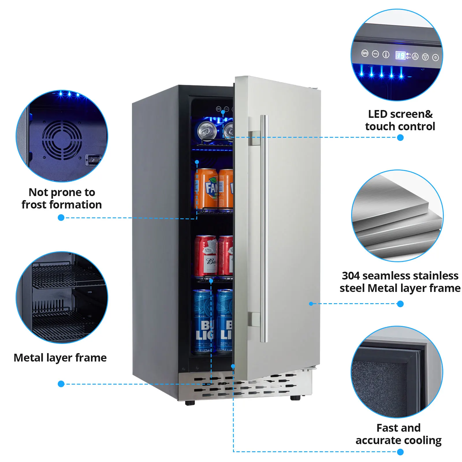 15 Inch Outdoor Beverage Fridge Weather Proof Stainless Steel Cooler,80 Cans Under Counter Built-In or Freestanding Beer Fridge 6