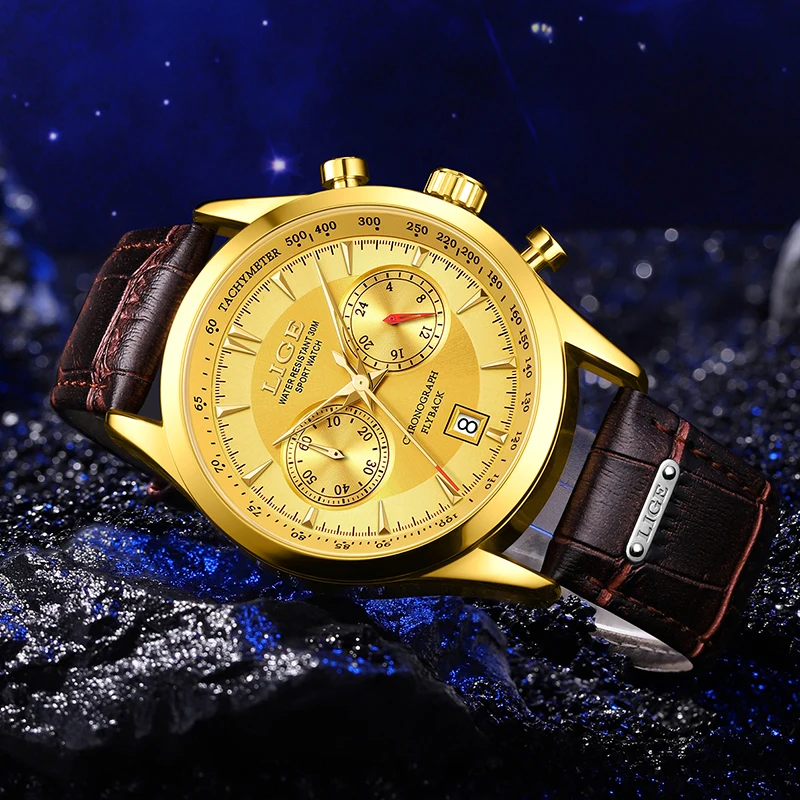 LIGE  Fashion Men Watch Luxury Brand Sport Watch For Men Chronograph Quartz Wristwatch Military Waterproof Leather Band Clock
