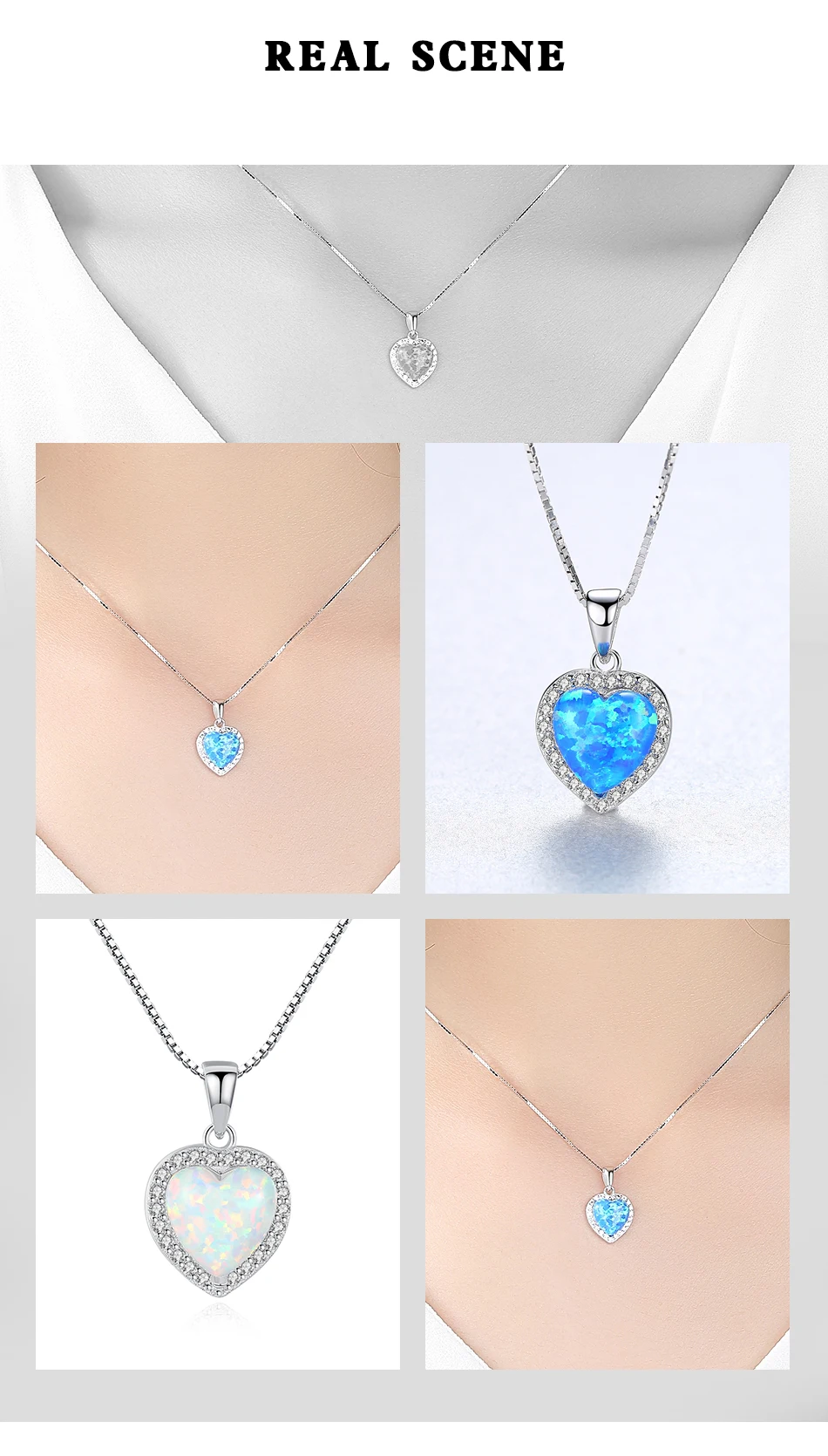 100% Sterling Silver Heart Opal Pendant Necklace for Women Charming Silver Chain Christmas Girls_voghion.com
