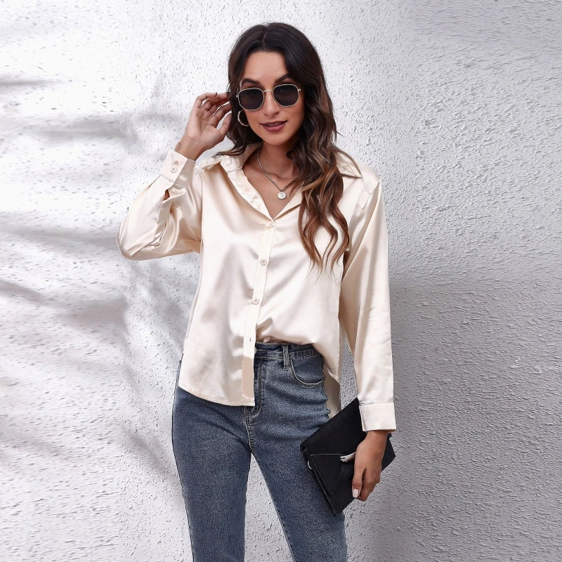 

Leisure Solid Color Long Sleeve Shirts Summer Top Lady Loose Long Sleeve Silk Texture Shirt Womens Commute Blouses